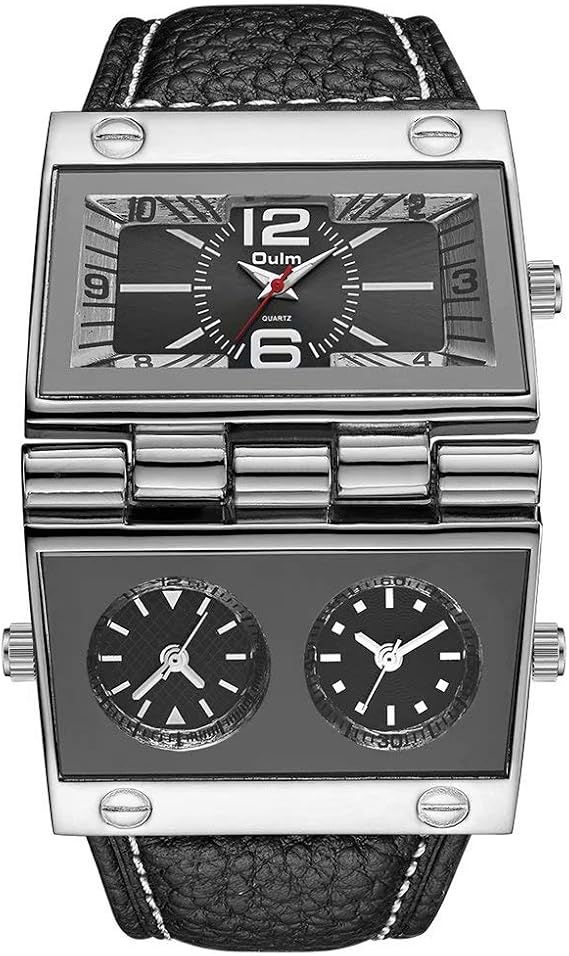 Oulm 9525 Men's Analog Black Leather Strap 3 Subdials Black Watch, Black