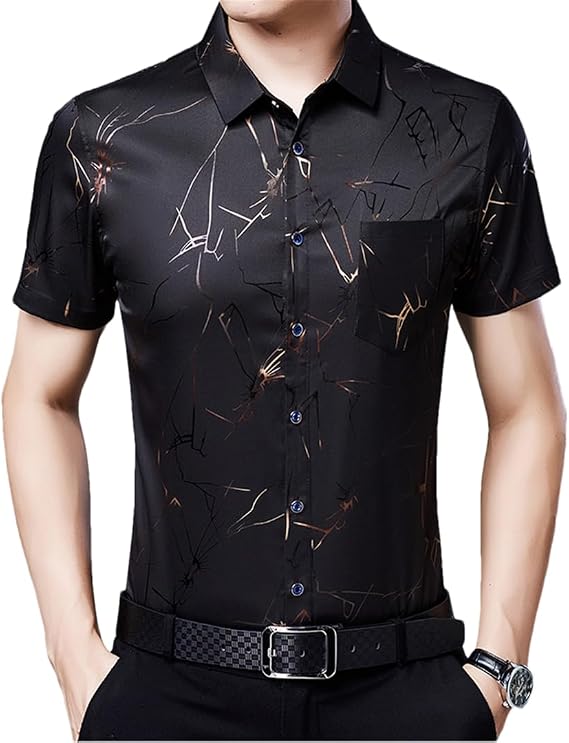 Summer Short Sleeve Dress Shirts Men Silk Cotton Fashion Print Casual Shirts Slim Fit Men Clothing