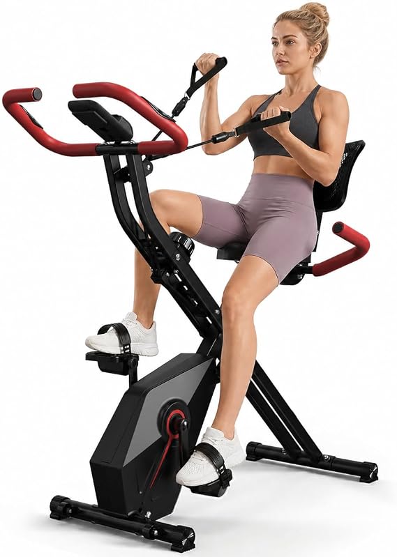 Foldable Exercise Bike for Home - 10dB Quiet Stationary Bike with Ergonomic Backrest, 300LB Capacity, Arm Resistance Bands, and Heart Rate Monitor for Indoor Small Apartment Cardio