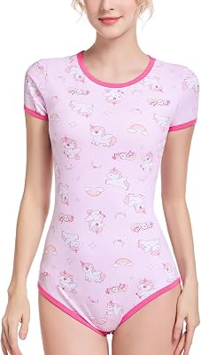 Landofgenie Onesie Jumpsuit Nightwear Womens Short Sleeve Romper Pajamas One Piece Bodysuit Cartoon Unicorn Print