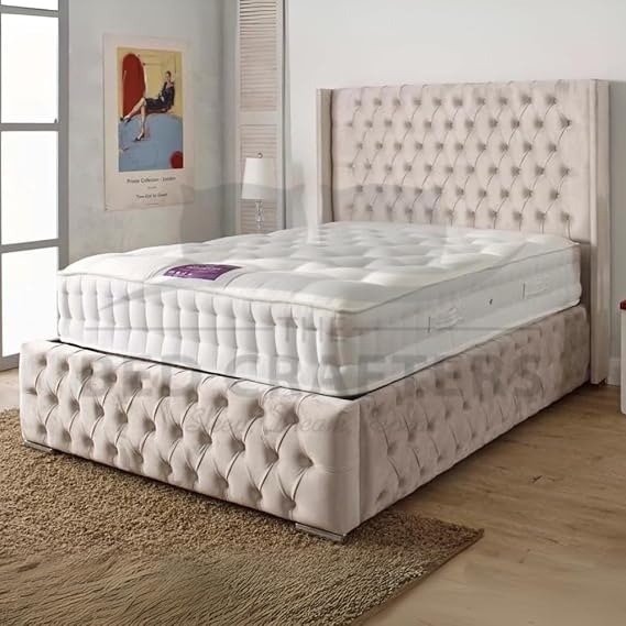 BED CRAFTERS Chesterfield Wingback Double Bed Frame | 48” Plush Velvet Tall Tufted Headboard with Mattress Included & Ottoman Gaslift Storage (Steel (No Mattress), Fabric Swatch)