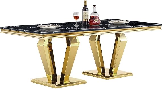 68 Inch Black Marble Dining Table for 6 People, Modern Dining Room Tables with Faux Marble Top and D-Shaped Gold Stainless Steel Legs, 68" Rectangular Kitchen Table Dinner Breakfast Dinette
