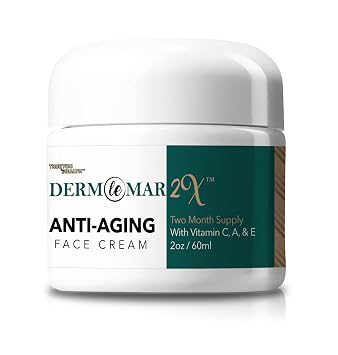 Derm Le Mar 2x Anti-Aging Face Cream - 2 Month Supply - Improved Formula w/Vitamin C, A & E - Aid Healthy Collagen Levels - Help Protect Skin Stem Cells, Reduce Wrinkles Appearance, Fade Age Spots