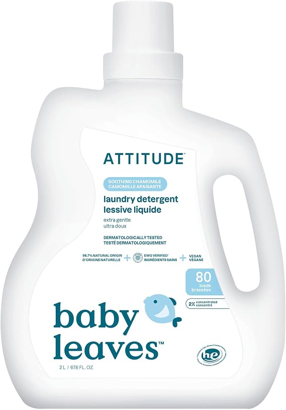ATTITUDE Baby Laundry Detergent Liquid, Made in Canada, EWG Verified, Safe for Baby Clothes, Infant and Newborn, Naturally Derived, HE Compatible, Soothing Chamomile, 80 Loads, 2 L