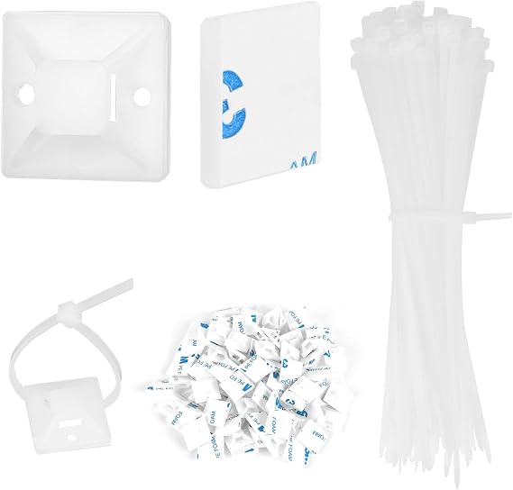 100Pack Self Adhesive Wire Clips Cable Zip Tie Mounts 3/4" Stick Pads Multi-Purpose Wire Tie Mount Base Holders with 6 Inch Zip Ties for Wire Management (White)