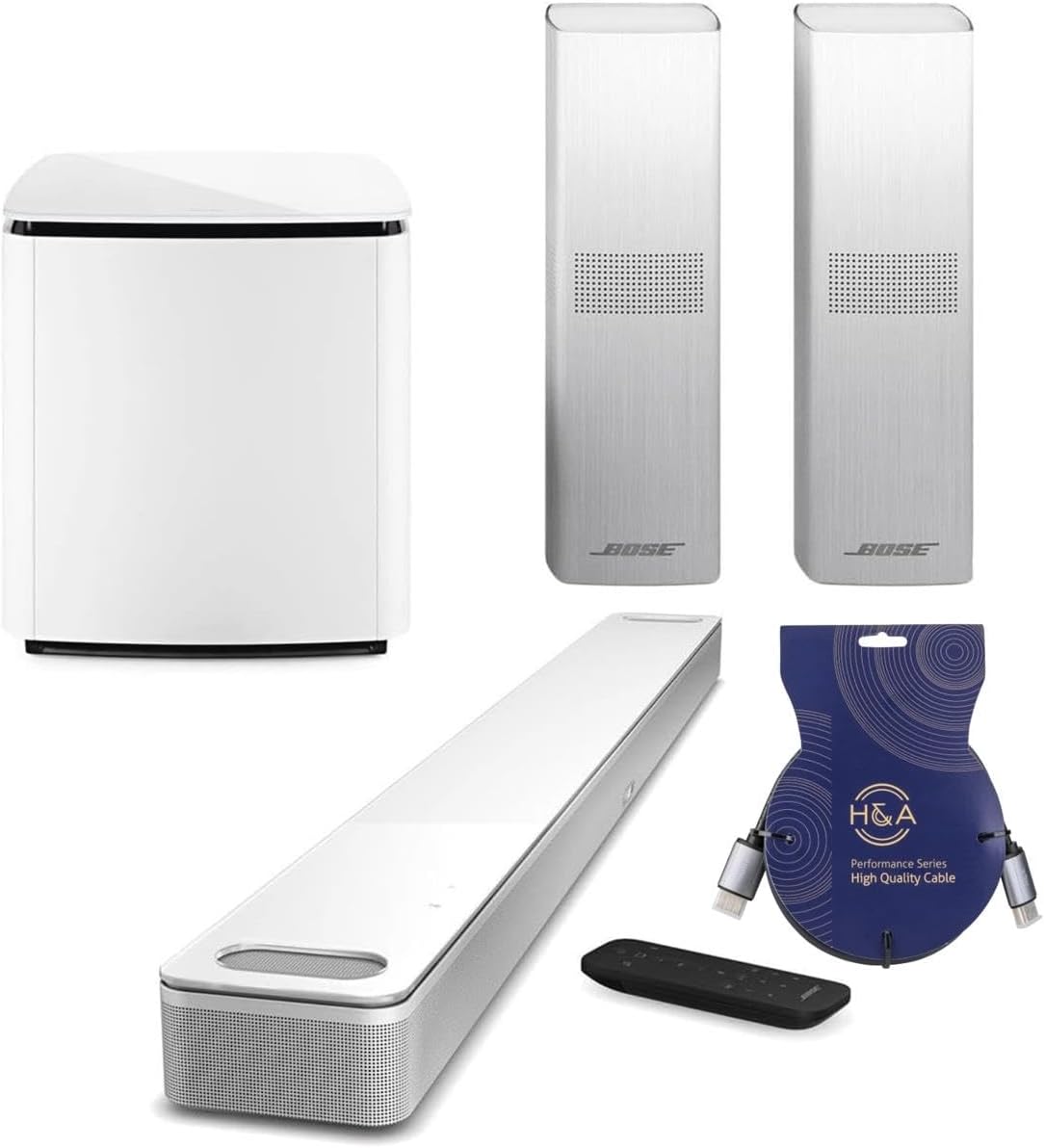 Smart Ultra Dolby Atmos Soundbar, White, Bundle with Bass Module 700 and 2X Surround Speakers 700  H&amp;A Brand 10&amp;#39; HDMI Cable