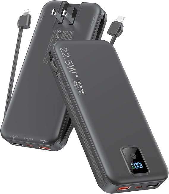 Portable Charger 12000mAh 22.5W w/Built-in Cable & Wall Plug Black