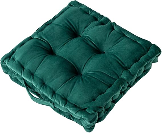 Square Floor Seating Cushions, Solid Color Tatami Chair Seat Cushion with Handle Thicken Portable Velvet Floor Pillow Cushion for Yoga Living Room Bedroom Home Decor (16.5" x16.5" x3.54", Dark Green)