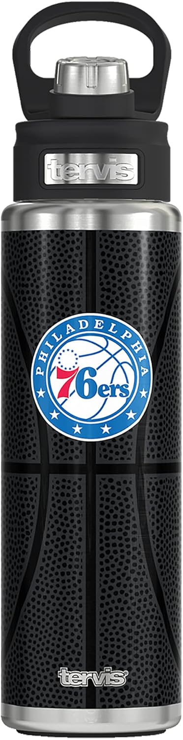 Tervis NBA Philadelphia 76ers Leather Triple Walled Insulated Tumbler, 24oz Wide Mouth Bottle, Stainless Steel