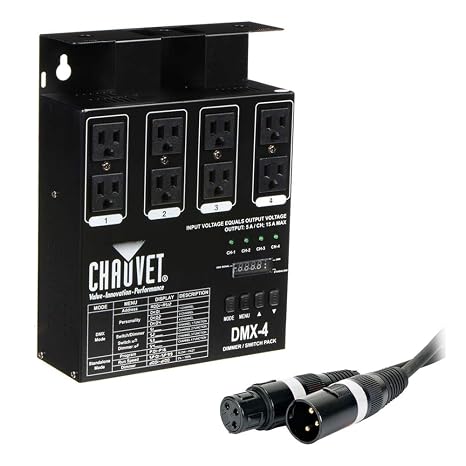 CHAUVET DJ DMX-4LED 4-Channel Dimmer Pack with 50' DMX Cable, Indoor Use, LED Light Source, 4 Channels, 15A Max, Black, Standalone Box, Lighting Controller, Dimmer Pack