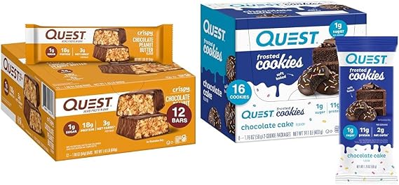 Quest Nutrition Crispy Chocolate Peanut Butter Hero Protein Bar 12 Count and Frosted Cookies Chocolate Cake Twin Pack Bundle