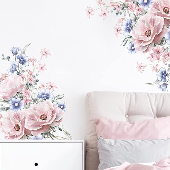 Runtoo Pink Flower Wall Art Decals Peony Floral Wall Stickers for Living Room Girls Bedroom Nursery Wall Decor, Blue,pink