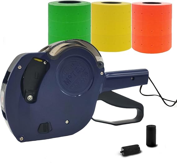 Motex Genuine MX-5500NEW 1 Line 8 Digits Price Tag Gun Kit - Includes 10,000 Blank Labels (White + Red + Yellow + Green) and 1 Pre-Loaded Inker with 1 Ink Refill (Dark Blue)