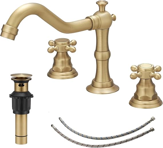 BWE 3 Hole Bathroom Faucet BWE Widespread 2 Handles Cross Knobs Antique Brass Sink Faucet Basin Mixer Tap Matching Metal Pop Up Drain with Overflow and Supply Lines | 8 Inch Bathroom Sink Faucet with Pop Up Drain with Overflow & Supply Lines,Basin Mixer Tap,Drip-free Ceramic Cartridge