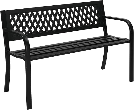 47in Outdoor Garden Park Bench,Outdoor Metal Porch Benches,Weatherproof Patio Park Bench,Outside Leisure Bench,with Mesh Back and Armrests,for Lawn, Deck, Path, Backyard, Entryway (Black)