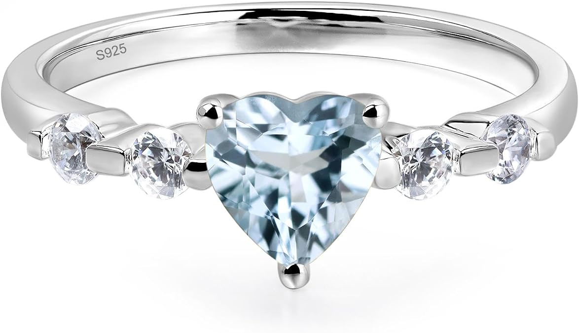 LUO S925 Sterling Silver Heart Shaped 6 MM Gemstone Ring Promise Ring Engagement Ring for Women Jewelry