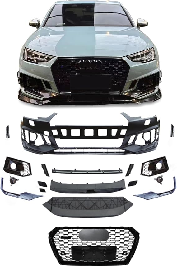 RS4 Style Front Bumper Kit Compatible with 2017-2019 Audi A4 B9 Sedan, RS4 Style Front Bumper Conversion Kit with Black Grille