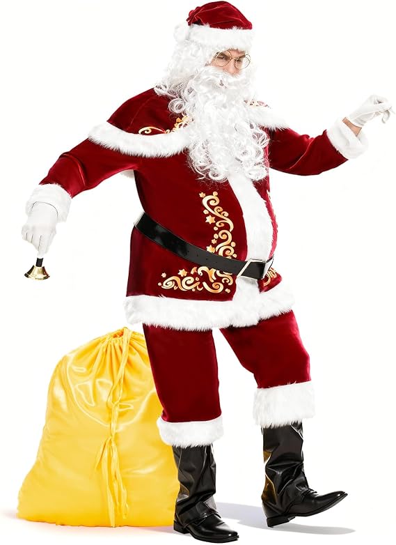 JONRRYIN Santa Claus Costume for Men, 15Pcs Deluxe Santa Claus Outfit Adults Men Set Professional Christmas Clause Suit Adult