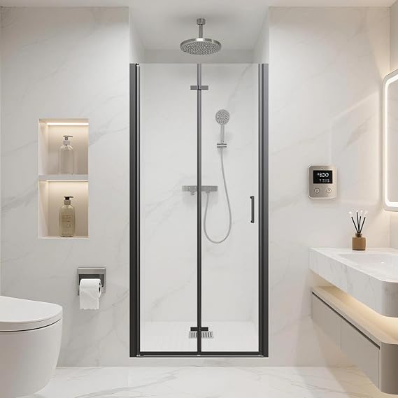 34-35.5" W x 72" H Frameless Folding Pivot Shower Door, Bathroom Pivot Bifold Shower Door Panel, Reversible Installation,1/4"-6mm Clear Tempered Glass Door, Matte Black Finish