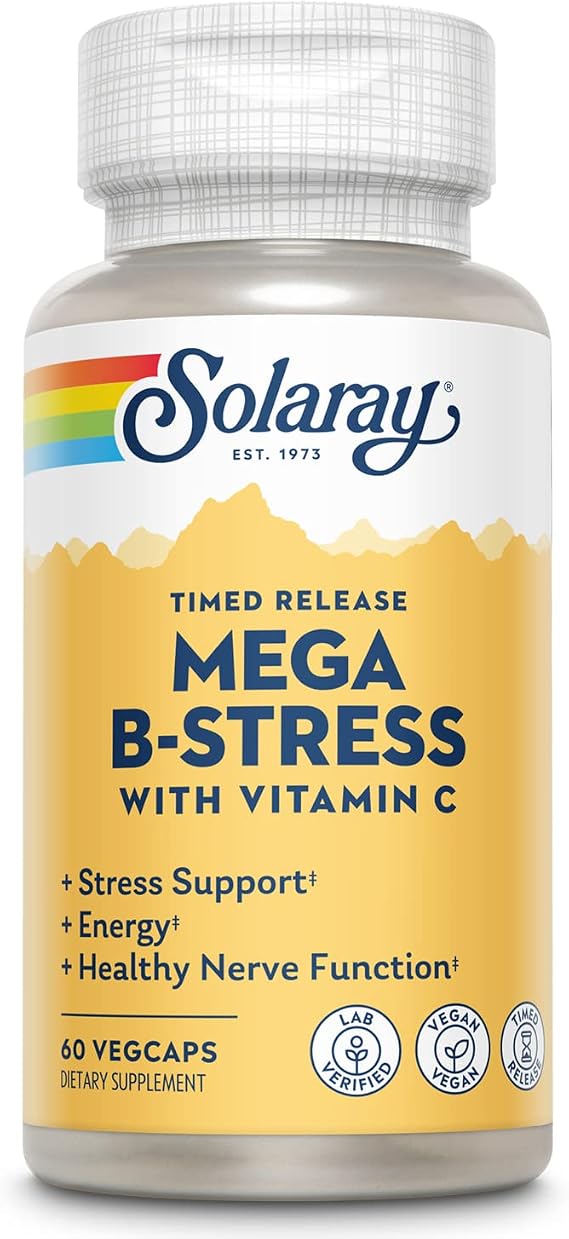 SOLARAY Mega Vitamin B-Stress, Timed-Release Vitamin B Complex with 1000 mg of Vitamin C for Stress, Energy, Red Blood Cell & Immune Support, Vegan, 20 Servings, 60 VegCaps