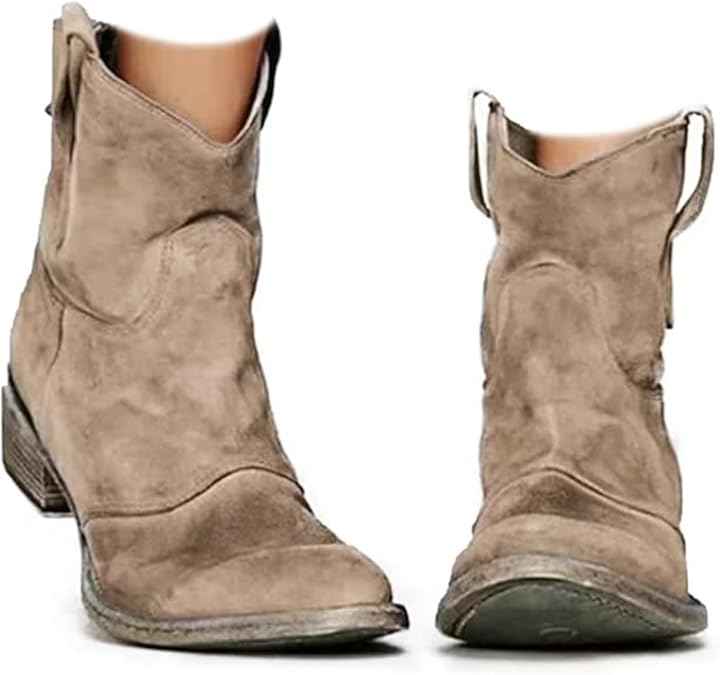 Cowboy Boots For Women Mid Calf Low Heel Pointed Toe Stacked Heels Cowgirl Boots Pull-on Western Ankle Short Booties