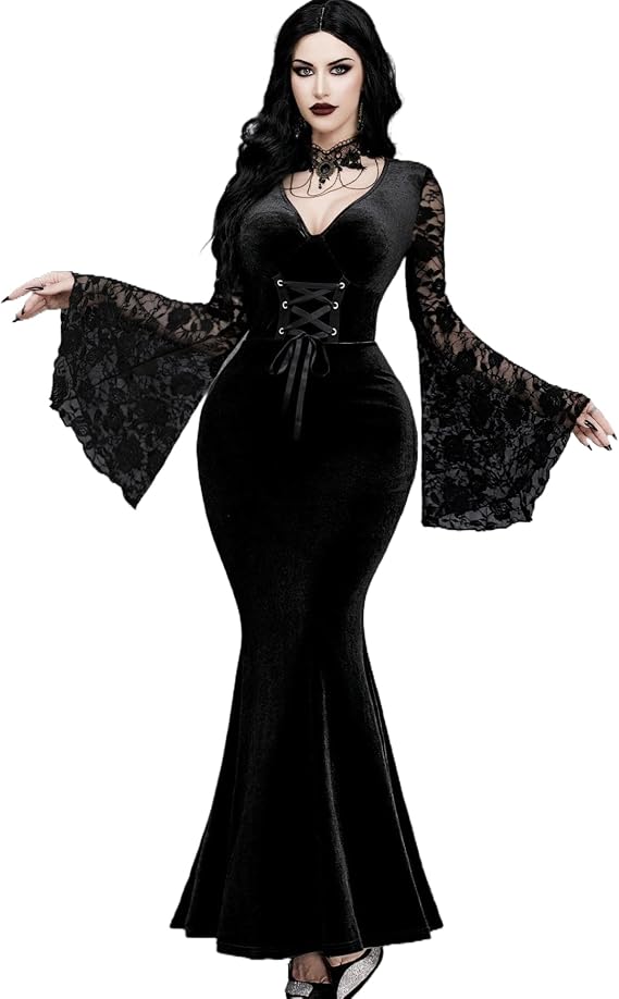 InGoticos Women Gothic Bandage Waist Sleeve Lace Patchwork Fishtail Goth Witch Dress for Halloween