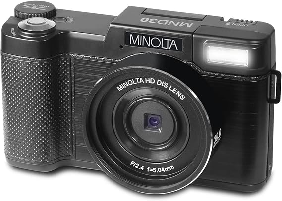 Minolta 30MP Digital Camera 2.7K Ultra HD Video, 3-inch 180 LCD Screen, Face Detection, Anti-Shake, 9 Scene Modes, Photo Burst, Panorama, CMOS Sensor, 32GB Card (Black)