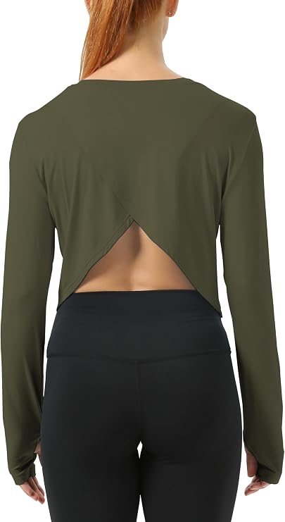 Mippo Open Back Workout Tops for Women Long Sleeve Athletic Shirts Loose Fit Running Gym Crop Top