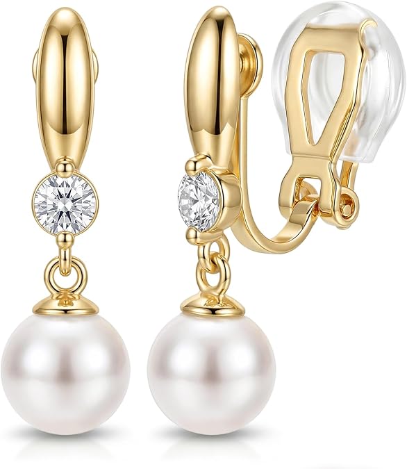 CASSIECA Pearl Clip On Earrings for Women Dangle Earrings Wedding Jewelry