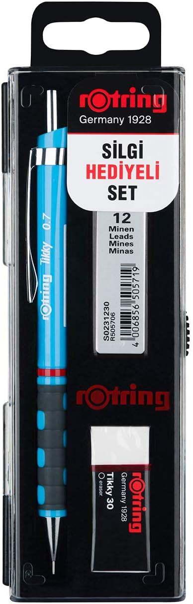 rOtring Tikky Mekanik Kurşun Kalem, Uç ve Silgi Seti, 0,7 mm Kalem, 2B Uç, Orta Boy Silgi, Açık Mavi, 3'lü Set