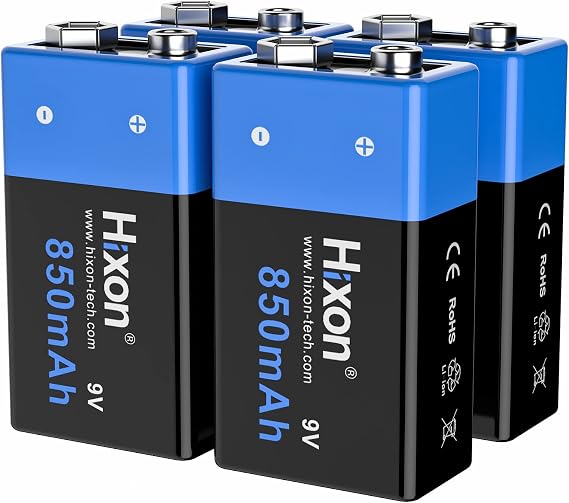 Hixon Rechargeable 9V Batteries 850mAh High Capacity 9V Batteries (4 Pack) 9 Volt Lithium Batteries for Smoke Alarms Multimeter Flashlights Metal Detector Electronic Toy & More(Charger NOT Included)