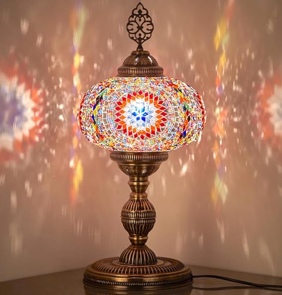 DEMMEX XXL Turkish Moroccan Mosaic Table Lamp with 10" Biggest Size Globe, Boho Desk Bedside Night Accent Lamp Lampshade, Antique Brass Color Metal Body, Handmade in Turkey, 23"x10" (Multicolor)