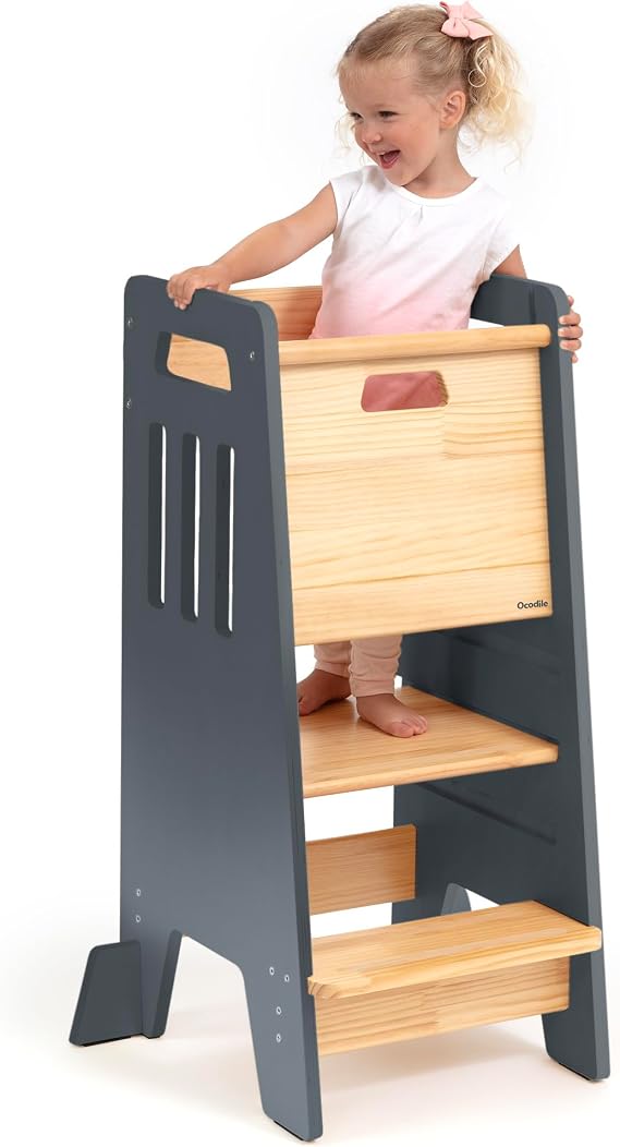 Toddler Tower with Sliding Door - 3 Adjustable Heights - 2026 Design Gray