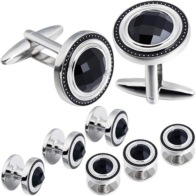HAWSON Crystal Cufflinks and Studs Sets for Men's Tuxedo Shirts,Including One Pair Cufflinks for Men with 5 pcs Studs and Black Gift Boxes Suitable for Christmas,Father's Day,Business