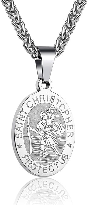 St Christopher Necklace for Men Women Saint Christopher Oval Pendant Stainless Steel Religious Jewelry Gift