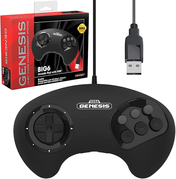Retro-Bit BIG6 USB 8-Button Arcade Controller Pad for Sega Genesis Mini, Switch, PC, Mac, Steam, RetroPie, Raspberry Pi - USB Port - Black