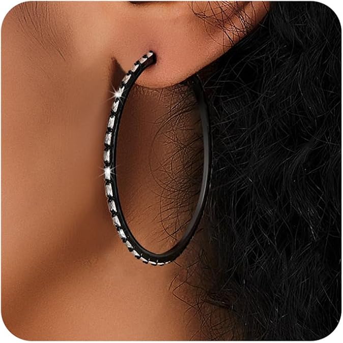 Black Earrings for Women Large Rhinestone Hoop Earrings 14K Gold Silver Plated Big CZ Hoop Earrings Hypoallergenic Jewelry With Crystals For women 40/50/60 mm