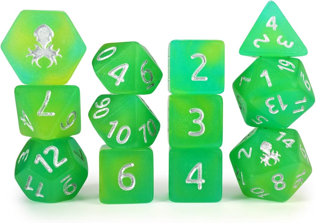 Lemon Lime Quencher Glow in The Dark 12pc Dice Set Inked in Silver by Kraken Dice