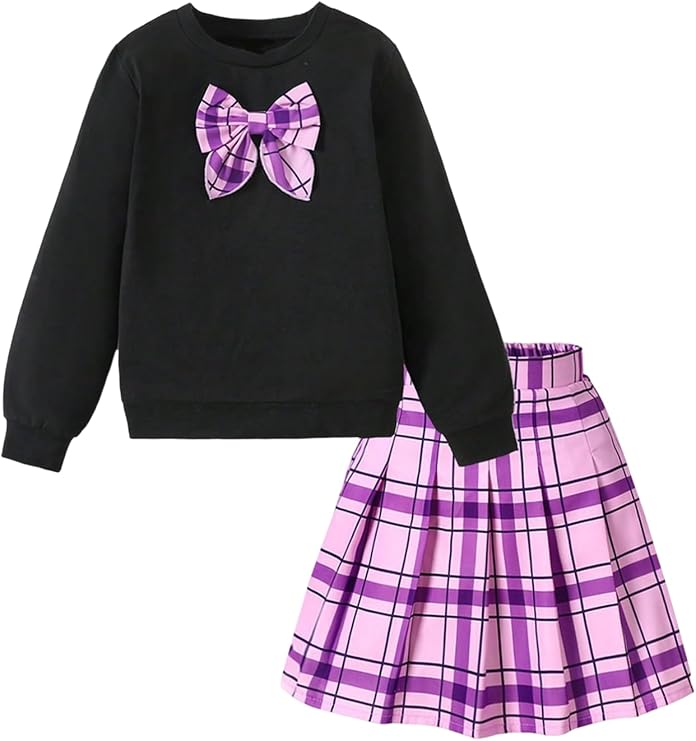 OYOANGLE Girl's 2 Piece Skirt Set Bow Crewneck Sweatshirt and Plaid Pleated Skirt Fall Clothes Sets