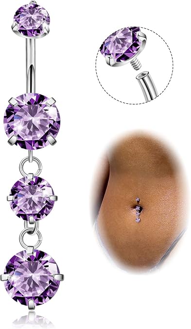 G23 Titanium Dangle Belly Button Rings for Women Dangling Navel Rings CZ Belly Rings Curved Barbell Internally Threaded Belly Piercing Jewelry