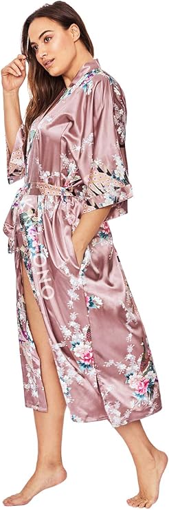 KIM+ONO Satin Long Kimono Robe for Women Bridal Gift, Maternity & Lingerie Robe, Bridesmaid, Machine Washable