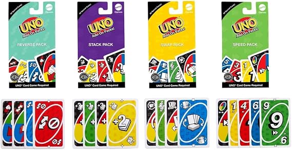 Matty's Toy Stop UNO Card Game Complementary Packs (Reverse, Stack, Swap & Speed) for Kids 7 and Up - 4 Pack