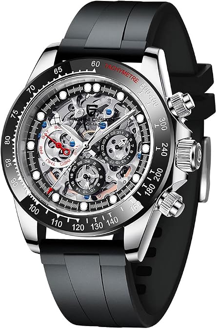 HaiQin Pagani Design PD1653 Luxury Men's Automatic Mechanical Watches Stainless Steel Skeleton Dial Diamond Rainbow Rubber Strap Waterproof Analog Self-Winding Wristwatch