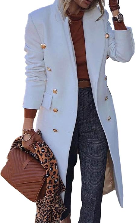 BZB Women's Elegant Notched Collar Double Button Slim Long Wool Blend Pea Coat Jacket