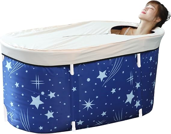 Portable Foldable Soaking Bathtub for Small Spaces, Starry Night Blue | Oval, Freestanding Ice/Hot Tub, Environmental & Thermal Material, Easy Foldable and Storable, Free Pillow and Storage Bag