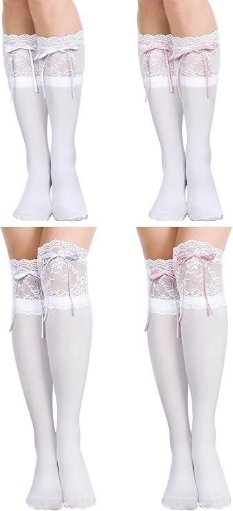 Fourluoo 4 Pairs Knee High Lace Socks with Bow for School,Classic,White