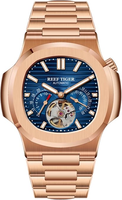REEF TIGER Automatic Watch, Rose Gold Stainless Steel, Brown Dial, Tourbillon Display
