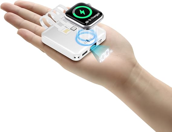 Mini Portable Charger for iWatch 12000mAh, Power Bank with Built-in Cables
