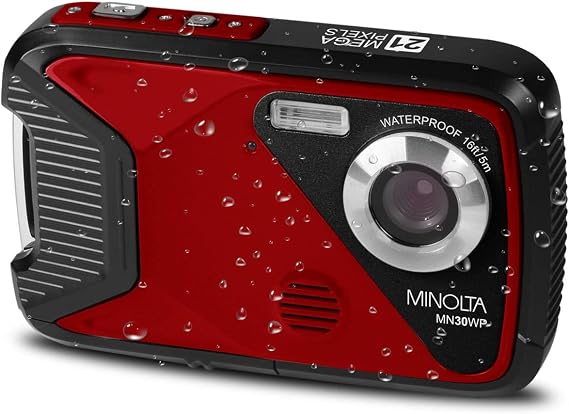 Minolta Waterproof Digital Camera - Underwater 16ft, 21MP Photos, 1080p HD Video, 2.8 LCD, 4X Digital Zoom, Anti-Shake, Face Detection, Smile Capture, Scene Modes, 16GB Memory Card (Red)