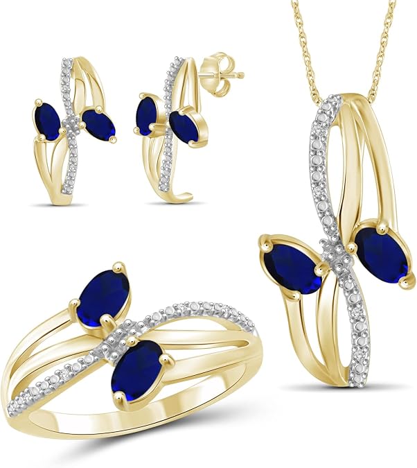 JEWELEXCESS 2.50 CTW Sapphire & 1/20 Carat White Diamond 14K Gold Over Silver 3-Piece Jewelry set